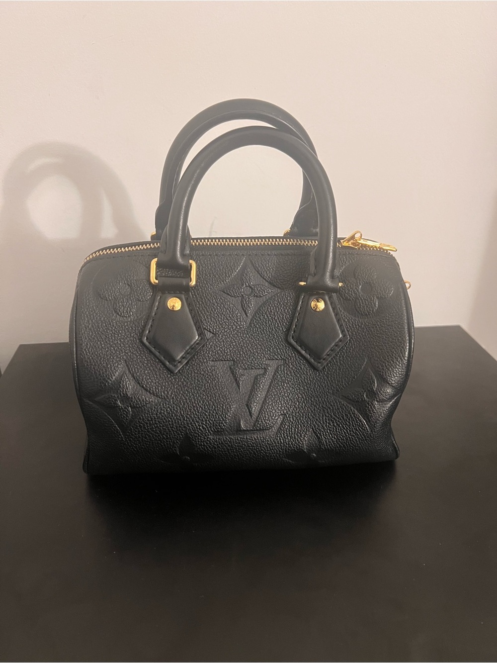 Louis Vuitton Black Embossed Speedy Nano Satchel with Gold Hardware